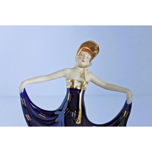 Art Deco Moriyama Dancing Lady Figure Bonnet Cobalt Blue Porcelain Hinode Japan - Picture 3 of 15